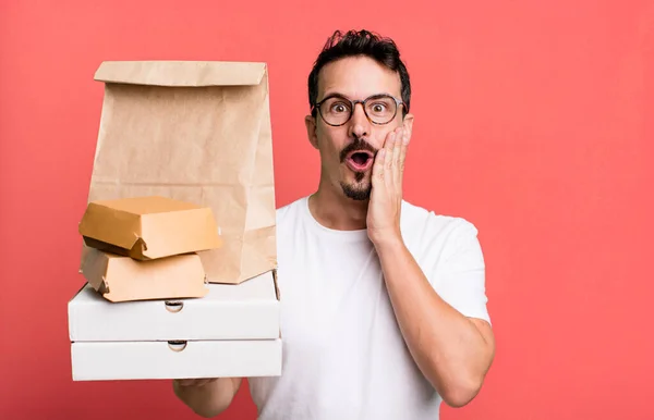 Adult Man Feeling Shocked Scared Fast Food Delivery Take Away — Foto Stock
