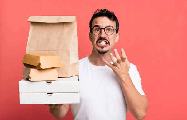 Adult Man Looking Desperate Frustrated Stressed Fast Food Delivery Take — Foto Stock