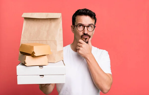 Adult Man Thinking Feeling Doubtful Confused Fast Food Delivery Take — Foto Stock