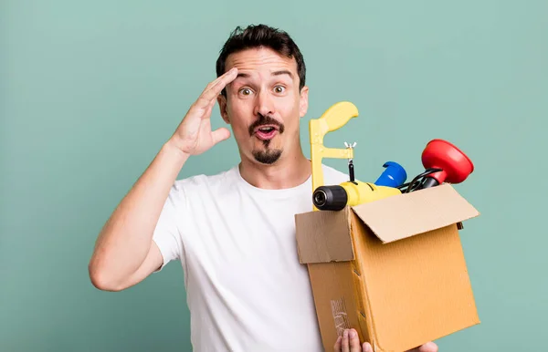 Adult Man Looking Happy Astonished Surprised Toolbox Handyman Concept — Stock fotografie