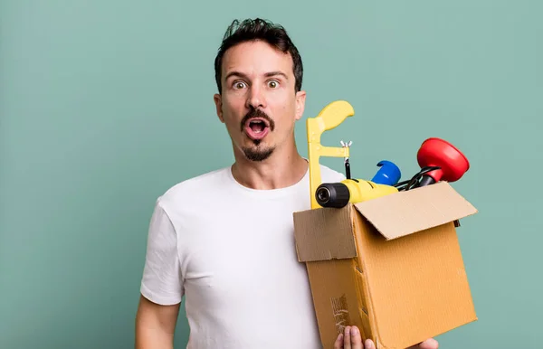 Adult Man Looking Very Shocked Surprised Toolbox Handyman Concept — Stockfoto
