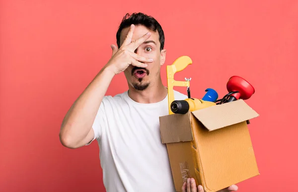 Adult Man Looking Shocked Scared Terrified Covering Face Hand Toolbox — Stock fotografie