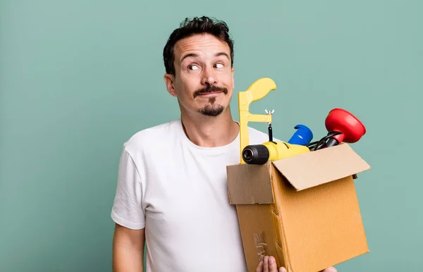 Adult Man Shrugging Feeling Confused Uncertain Toolbox Handyman Concept — Stock Photo, Image
