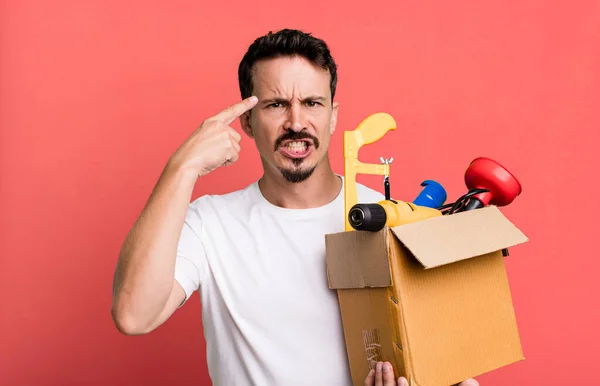 Adult Man Feeling Confused Puzzled Showing You Insane Toolbox Handyman — Stock fotografie