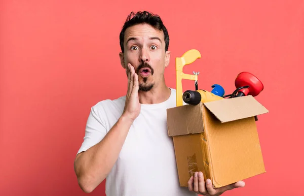 Adult Man Feeling Shocked Scared Toolbox Handyman Concept — Stock fotografie