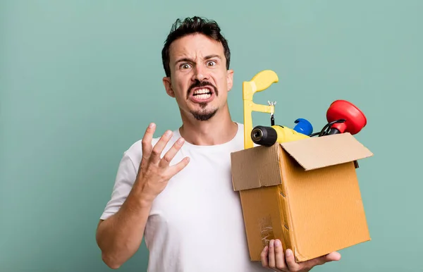 Adult Man Looking Desperate Frustrated Stressed Toolbox Handyman Concept — 图库照片