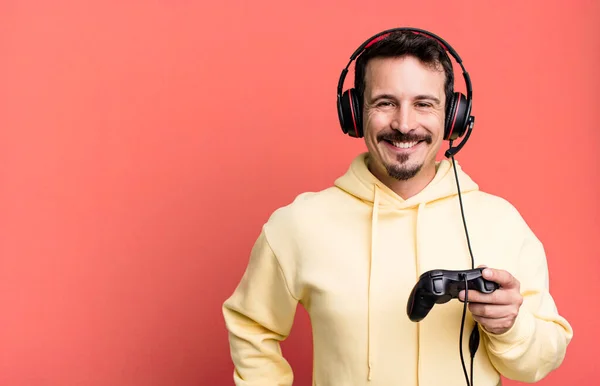 Adult Man Smiling Happily Hand Hip Confident Headset Control Gamer — Foto Stock