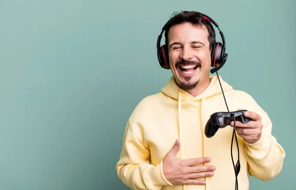 Adult Man Laughing Out Loud Some Hilarious Joke Headset Control — Foto Stock