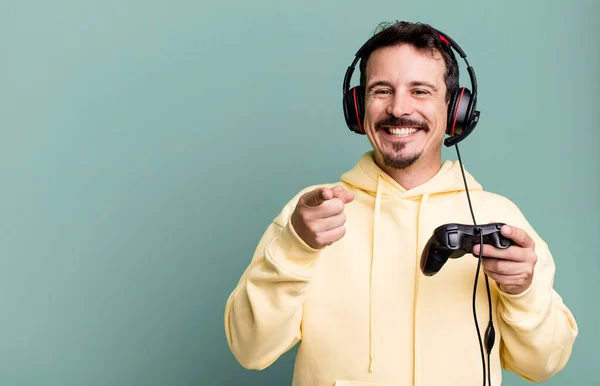 Adult Man Pointing Camera Choosing You Headset Control Gamer Concept — Foto Stock