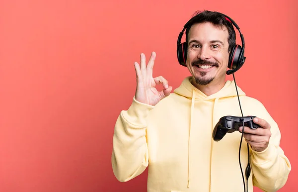 Adult Man Feeling Happy Showing Approval Okay Gesture Headset Control — Foto Stock