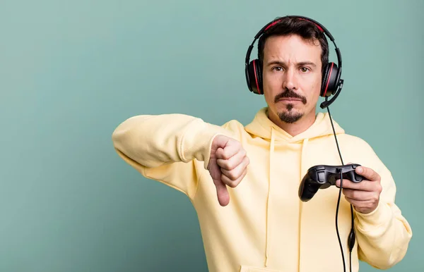 Adult Man Feeling Cross Showing Thumbs Headset Control Gamer Concept — Stock Photo, Image