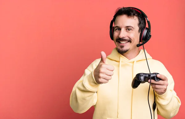 Adult Man Feeling Proud Smiling Positively Thumbs Headset Control Gamer — Foto Stock