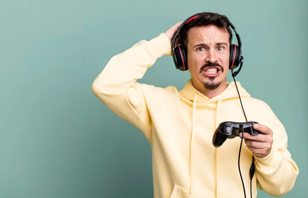 Adult Man Feeling Stressed Anxious Scared Hands Head Headset Control — Stockfoto