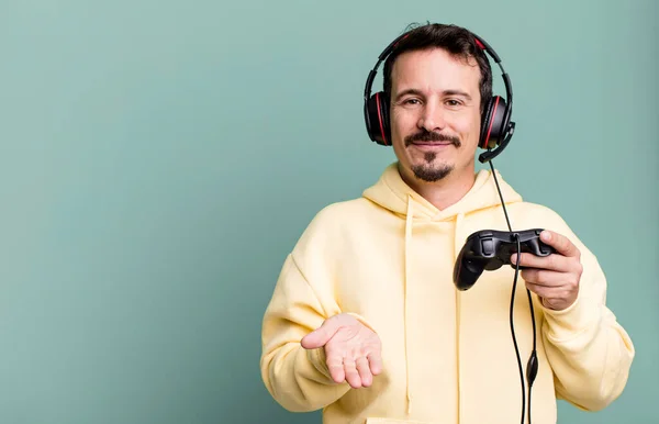 Adult Man Smiling Happily Friendly Offering Showing Concept Headset Control — Stock Photo, Image