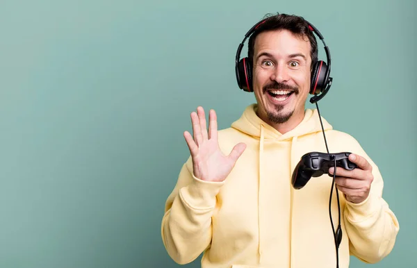 Adult Man Feeling Happy Astonished Something Unbelievable Headset Control Gamer — Stock Photo, Image