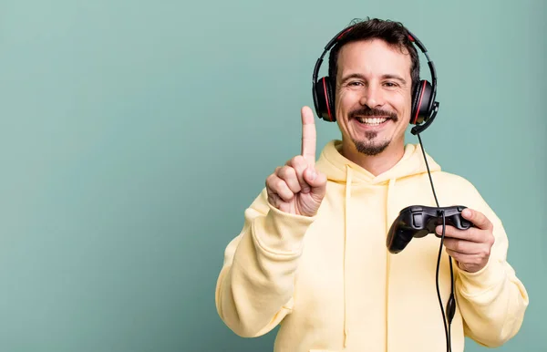 Adult Man Smiling Proudly Confidently Making Number One Headset Control — Stock Photo, Image