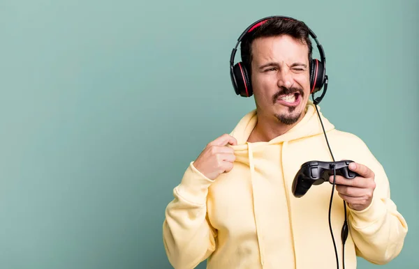 Adult Man Feeling Stressed Anxious Tired Frustrated Headset Control Gamer — Foto Stock