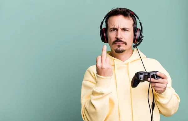 Adult Man Feeling Angry Annoyed Rebellious Aggressive Headset Control Gamer — Stock Photo, Image