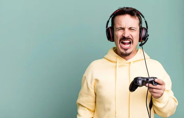 Adult Man Shouting Aggressively Looking Very Angry Headset Control Gamer — Stok fotoğraf