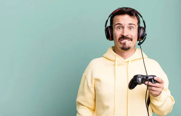 Adult Man Looking Puzzled Confused Headset Control Gamer Concept — Stock Photo, Image