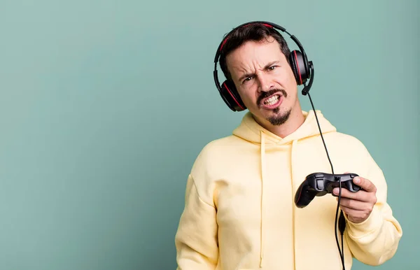 Adult Man Feeling Puzzled Confused Headset Control Gamer Concept — Stock Photo, Image