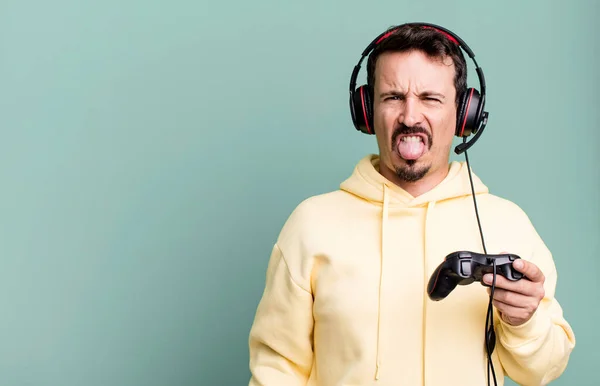 Adult Man Feeling Disgusted Irritated Tongue Out Headset Control Gamer — Stok fotoğraf