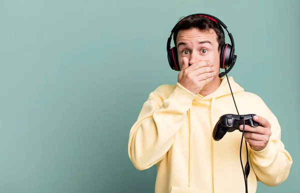 Adult Man Covering Mouth Hands Shocked Headset Control Gamer Concept — Stock Photo, Image