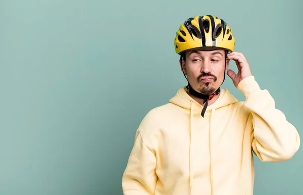 Adult Man Smiling Happily Daydreaming Doubting Bike Helmet Bicycle Concept — Stockfoto