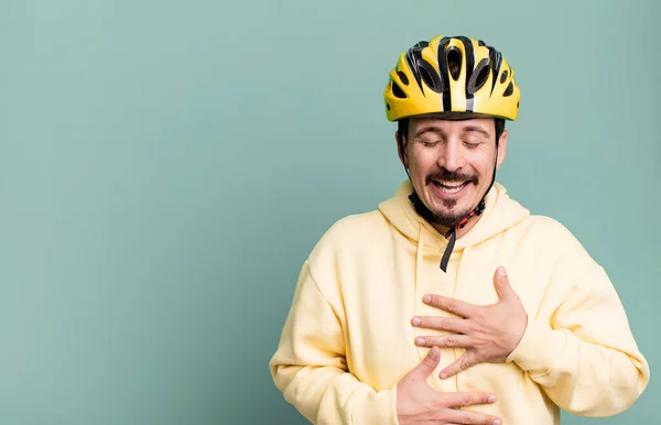 Adult Man Laughing Out Loud Some Hilarious Joke Bike Helmet — Zdjęcie stockowe