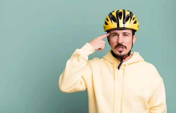 Adult Man Feeling Confused Puzzled Showing You Insane Bike Helmet — Stock Photo, Image