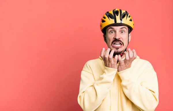 Adult Man Looking Desperate Frustrated Stressed Bike Helmet Bicycle Concept — Stock Photo, Image