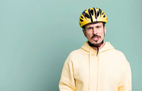 Adult Man Feeling Puzzled Confused Bike Helmet Bicycle Concept — Stok fotoğraf