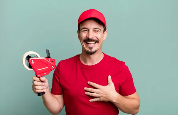 Adult Man Laughing Out Loud Some Hilarious Joke Deliveryman Packer — Stockfoto