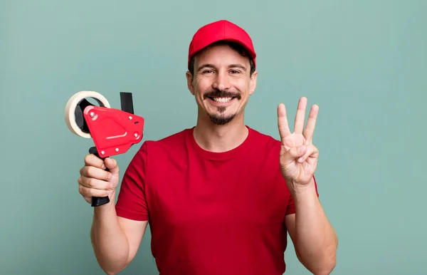 Adult Man Smiling Looking Friendly Showing Number Three Deliveryman Packer — Stok fotoğraf