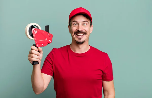 Adult Man Looking Happy Pleasantly Surprised Deliveryman Packer Concept — Stok fotoğraf