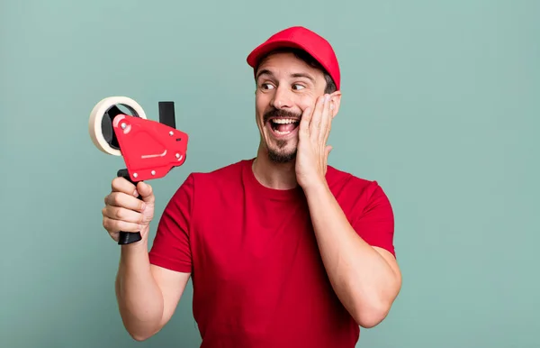 Adult Man Feeling Happy Excited Surprised Deliveryman Packer Concept — Stockfoto