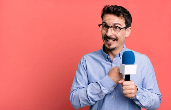 Adult Man Feeling Happy Facing Challenge Celebrating Microphone Presenter Journalist — Fotografia de Stock