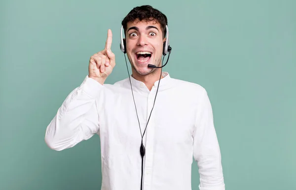 Adult Man Feeling Happy Excited Genius Realizing Idea Headset Telemarketer — Stock Photo, Image