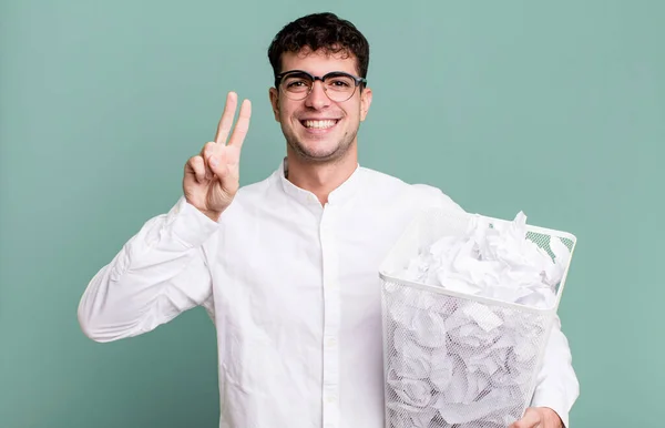 Adult Man Smiling Looking Friendly Showing Number Two Paper Balls — Stock Photo, Image