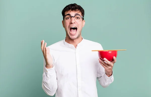 Adult Man Feeling Happy Astonished Something Unbelievable Holding Ramen Noodles — Stock Photo, Image