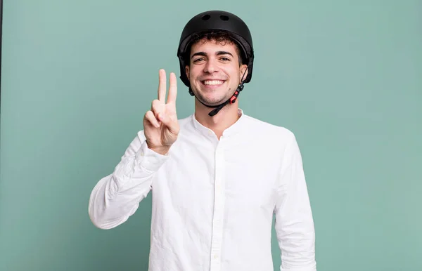 Adult Man Smiling Looking Happy Gesturing Victory Peace City Motorbike — Stock Photo, Image