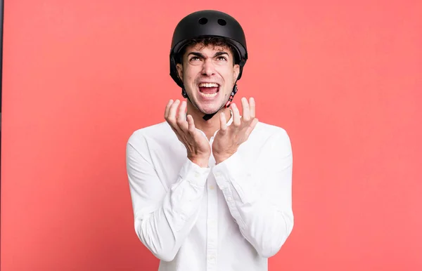 Adult Man Looking Desperate Frustrated Stressed City Motorbike Rider Concept — Stock Photo, Image
