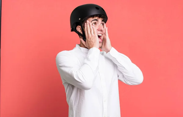 Adult Man Feeling Happy Excited Surprised City Motorbike Rider Concept — Stock Photo, Image
