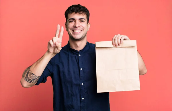Adult Man Smiling Looking Friendly Showing Number Two Take Away — Stock Photo, Image