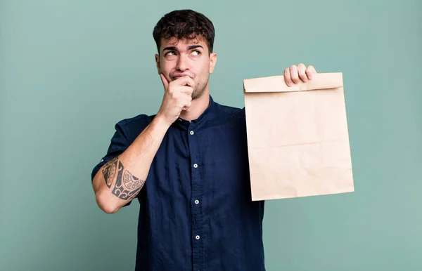 Adult Man Thinking Feeling Doubtful Confused Take Away Breakfast Paper — Stock Photo, Image