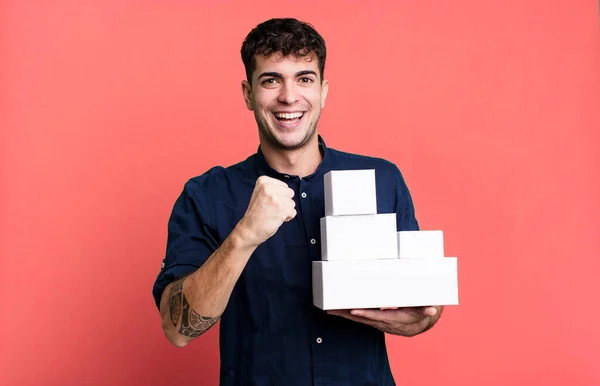 Adult Man Feeling Happy Facing Challenge Celebrating Blank Products Packages — Stock Photo, Image