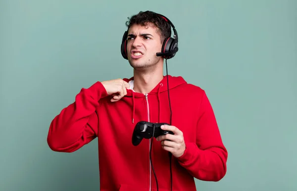 Adult Man Feeling Stressed Anxious Tired Frustrated Headset Controller Gamer — Stock Photo, Image