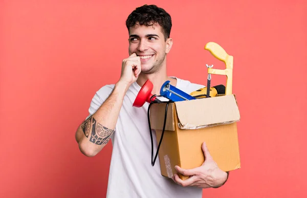 Adult Man Smiling Happy Confident Expression Hand Chin Toolbox Housekeeper — Stock Photo, Image
