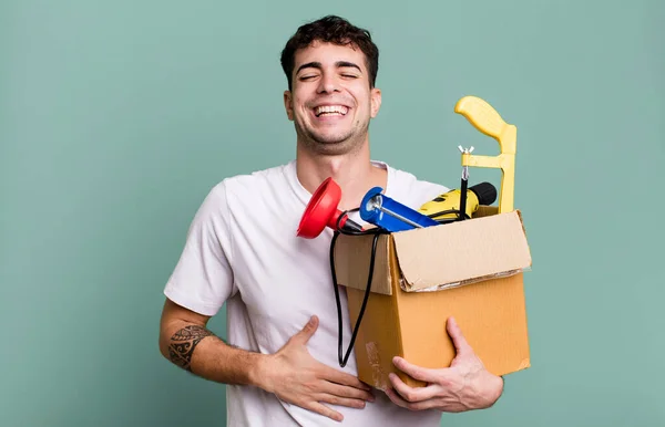 Adult Man Laughing Out Loud Some Hilarious Joke Toolbox Housekeeper — Stock Photo, Image