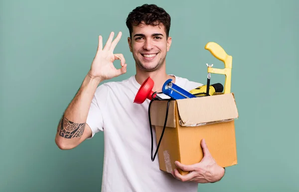 Adult Man Feeling Happy Showing Approval Okay Gesture Toolbox Housekeeper — Stock Photo, Image
